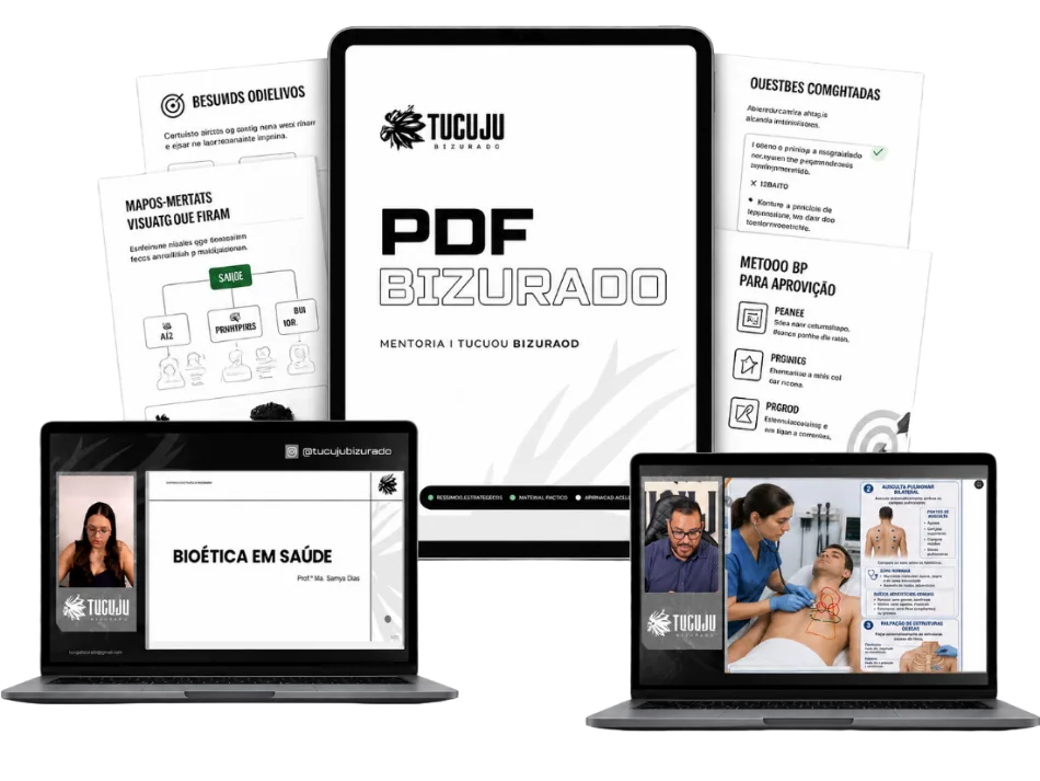 Mockups da mentoria Tucuju Bizurado — PDF, aulas ao vivo e materiais de estudo