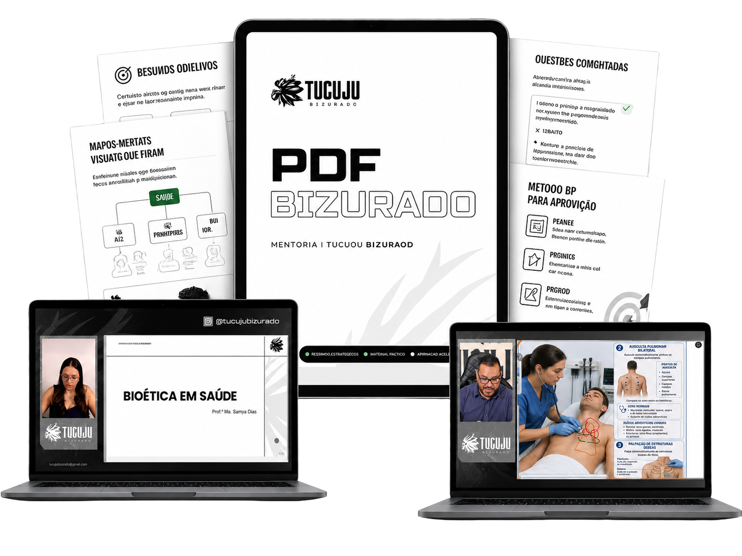 Mockups da mentoria Tucuju Bizurado — PDF, aulas ao vivo e materiais de estudo